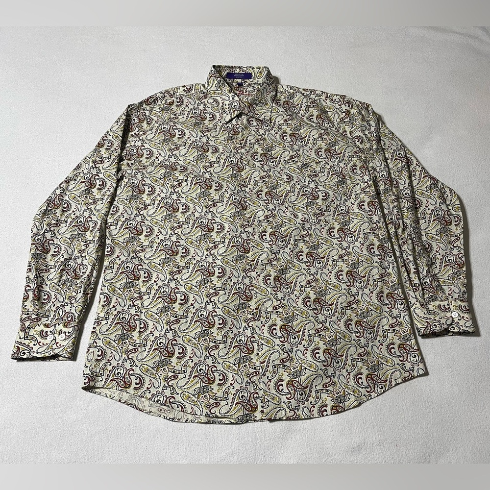 Alan Flusser Mens Large Button Down Yellow Paisley‎ Long Sleeve Shirt